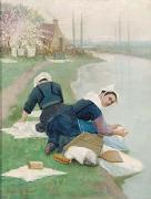 Women Washing Laundry on a River Bank, oil painting by Lionel Walden Lionel Walden
